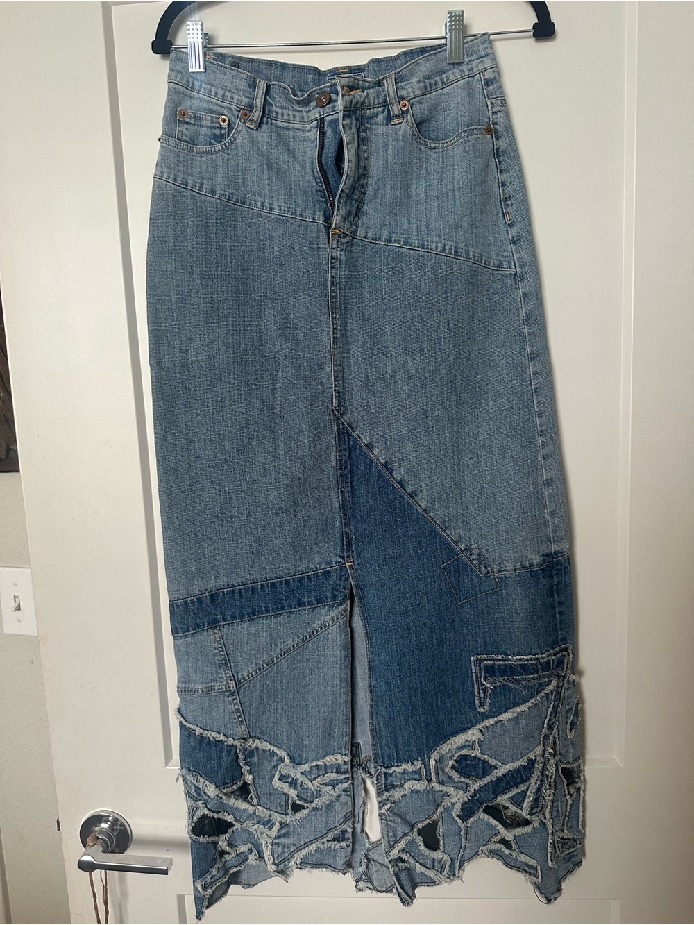 Denim Patchwork Maxi Skirt - Light Blue